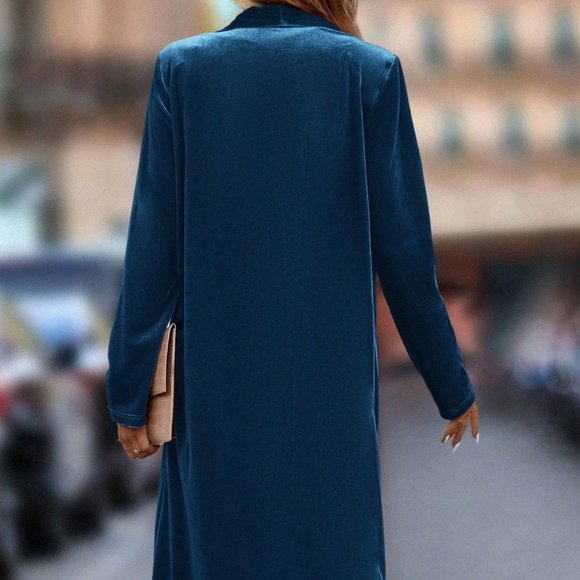 Blue Casual Womens Shawl Collar Open Front Velvet Coat - Picture 3 of 5